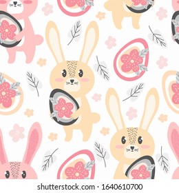 Seamless pattern Cute Bunnies with Easter egg and flowers. Festive spring background in Scandinavian hand drawn style. Cartoon character little rabbit. Design for textiles, packaging paper, fabric 