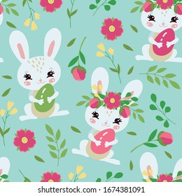Seamless pattern with cute bunnies and Easter eggs. Vector stock illustration.