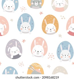 Seamless pattern with cute bunnies. Easter holiday print with rabbits and eggs. Vector graphics.