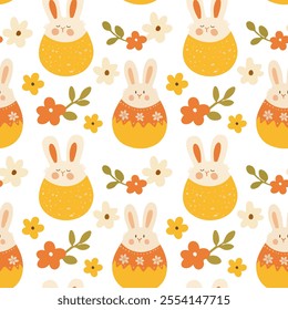 Seamless pattern with cute bunnies in Easter eggs and flowers. Perfect for spring and Easter designs. The pattern is in vector format, so it can be scaled to any size without losing quality.
