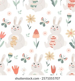 Seamless pattern with cute  bunnies with easter eggs and flowers on white background. Vector illustration in hand drawn flat style, pastel colors for wrapping paper, festive textile