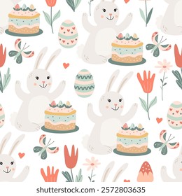 Seamless pattern with cute  bunnies with easter cakes, eggs and flowers on white background. Vector illustration in hand drawn flat style, pastel colors for wrapping paper, festive textile