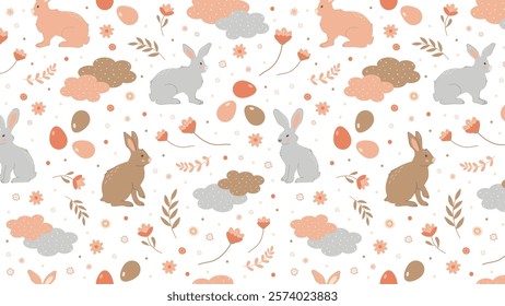 Seamless Pattern with Cute Bunnies and Easter Eggs in Pastel Colors. Great for Postcard Design, Print on Fabrics for Easter Holiday. Vector 