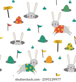 Seamless pattern with cute bunnies, eggs. Cute Easter Egg hunt design. Spring cartoon print in flat style. Vector design in child style for Easter holiday cards and invitations