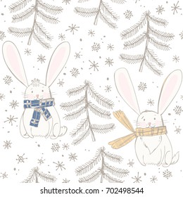 Seamless pattern with cute bunnies, fir-trees and snowflakes. Vector Christmas or New Year background.