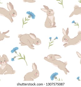 Seamless pattern with cute bunnies and flowers