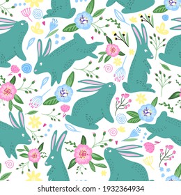 Seamless pattern of cute bunnies and flowers . Hand drawn vector background for children, textile , wrapping paper and more
