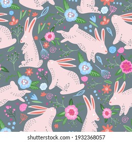 Seamless pattern of cute bunnies and flowers . Hand drawn vector background for children, textile , wrapping paper and more
