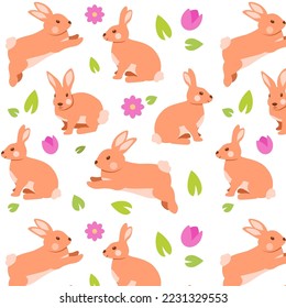Seamless pattern of cute bunnies and flowers