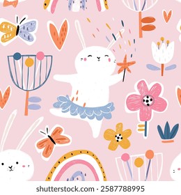 Seamless pattern with cute bunnies, flowers, butterflies, and a rainbow on a pink background. Bright pastel colors and a touch of spring magic make this hand-drawn design perfect for textiles.