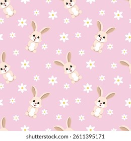 Seamless pattern with cute bunnies and flowers. Graphic design with seamless print for the children's market.