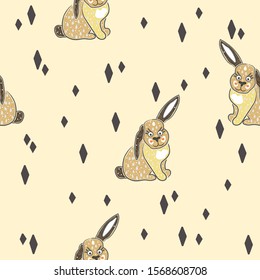 Seamless Pattern with cute bunnies. Hand Drawn cartoon Style. Vector Illustration.