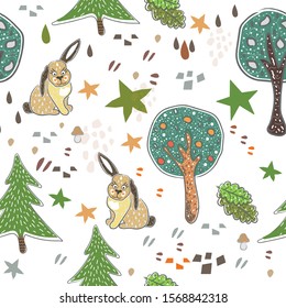 Seamless Pattern with cute bunnies. Hand Drawn cartoon Style. Vector Illustration.