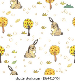 Seamless Pattern with cute bunnies. Hand Drawn cartoon Style. Vector Illustration.