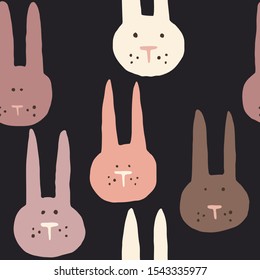 Seamless pattern with cute bunnies heads on dark background. Adorable animals with long ears. Rabbits flat style drawing. Fun print design for textile, digital paper, card. Stock vector illustration