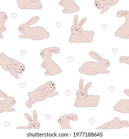 Seamless pattern with cute bunnies and hearts on a white background. Fabric pattern design. Pastel color. Vector illustration.