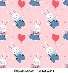 Seamless pattern cute bunnies, heart-shaped balloon. Cartoon print for packaging, fabric, wallpaper, textile. Vector illustration for children.