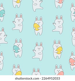 Seamless pattern with cute bunnies holding easter eggs on blue background. Template for baby design. Vector illustration