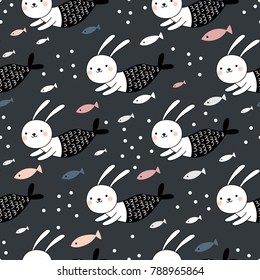 Seamless pattern with cute bunnies mermaids and fish.