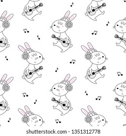 Seamless pattern with cute bunnies musicians with a guitar on a white background in linear style. Vector background for children.