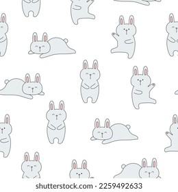 Seamless pattern with cute bunnies on white background. Template for baby design. Vector illustration