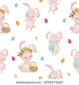 Seamless pattern of cute  bunnies on white background with floral elements and eggs