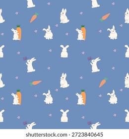 Padrão contínuo com coelhinhos bonitos no fundo azul, quarto de crianças e design infantil
