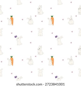 Padrão contínuo com coelhinhos bonitos no fundo branco, ilustração viveiro mínimo