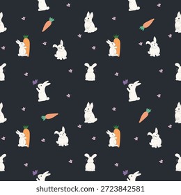 Patrón sin fisuras con conejitos lindos sobre fondo negro, diseño de la guardería y de los niños