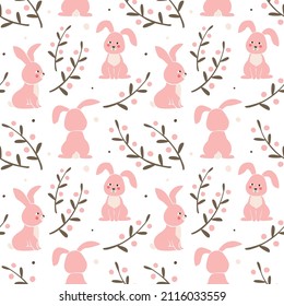 Seamless pattern with cute bunnies or rabbits, branches and berries. Vector flat hand drawn illustration in cartoon style 