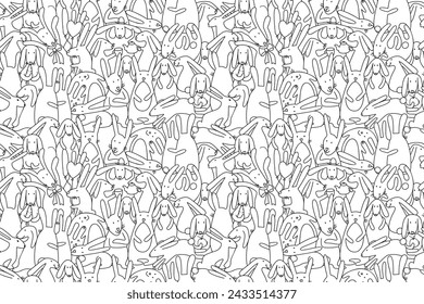 Seamless pattern with cute bunnies and rabbits. Easter hare. Hand drawn sketch vector illustration. 
