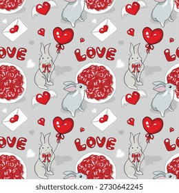 Patrón sin fisuras con conejitos lindos, rosas rojas y letras de amor para el día de San Valentín. Patrón romántico de Vector sin fisuras con conejos lindos, rosas rojas, corazones y letras de amor sobre un fondo neutral. Perfecto para textiles, papel de regalo, Fondo de pantalla y álbumes de recortes de San Valentín.