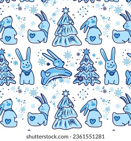 Seamless pattern with cute bunnies and snowflakes