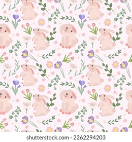 Seamless pattern with cute bunnies, spring flowers, leaves and hearts all around. Spring flowering. Ideal for wallpaper, wrapping paper, textiles, banners. Vector graphics.