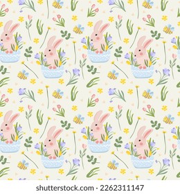 Seamless pattern with cute bunnies, spring flowers, leaves and hearts all around. Spring flowering. Ideal for wallpaper, wrapping paper, textiles, banners. Vector graphics.