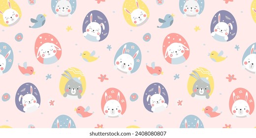 Seamless pattern with cute bunnies. Spring holiday bunnies with colored eggs, flowers. Vector graphics.