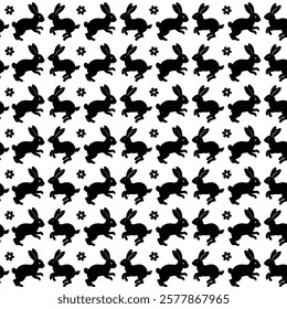 Seamless pattern of cute bunnies. Cute spring Easter rabbit with black and white flower petals. Background texture for Easter and Baby greetings.