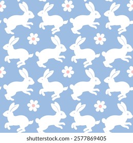 Seamless pattern of cute bunnies. Cute spring Easter rabbit with flower petals. Background texture for Easter and Baby greetings.