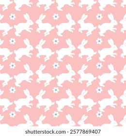 Seamless pattern of cute bunnies. Cute spring Easter rabbit with flower petals. Background texture for Easter and Baby greetings.