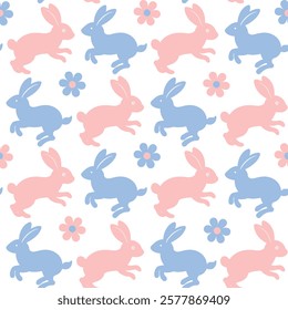 Seamless pattern of cute bunnies. Cute spring Easter rabbit with flower petals. Background texture for Easter and Baby greetings.