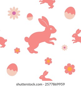 Seamless pattern of cute bunnies. Cute spring Easter rabbit with flower petals. Background texture for Easter and Baby greetings.