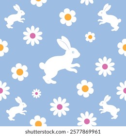 Seamless pattern of cute bunnies. Cute spring Easter rabbit with flower petals. Background texture for Easter and Baby greetings.