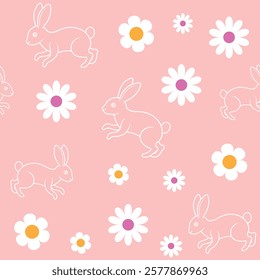 Seamless pattern of cute bunnies. Cute spring Easter rabbit with flower petals. Background texture for Easter and Baby greetings.