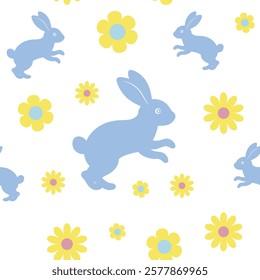 Seamless pattern of cute bunnies. Cute spring Easter rabbit with flower petals. Background texture for Easter and Baby greetings.