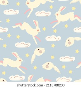 Seamless pattern with cute bunnies, stars and clouds. Rabbits on a blue background. Baby shower background, wall art, fabrics, textiles and invitation, paper