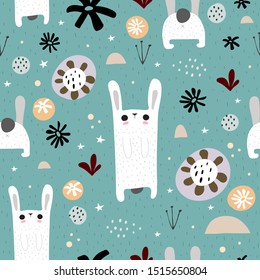 Seamless pattern with cute bunnies, stylized flowers, stars, decor elements, dots, twigs, lines on a light neutral background. hand drawing. Vector. Cartoon design for children, textile, fabric, wrapp