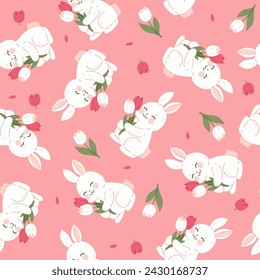Seamless pattern with cute bunnies and tulips on a pink background. Vector graphics.