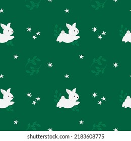 Patrón sin foco con lindos conejillos y ramas. Bonitos antecedentes para Pascua. Fondo floral con pequeños conejos. Ilustración vectorial para productos de vivero, lactantes y niños, tela, papel de oficina, textiles