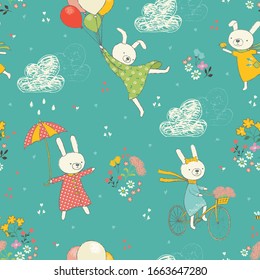 Seamless pattern with cute bunnies. Vetcor illustration.