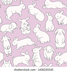 Seamless pattern with cute bunnies. White rabbits on a pink background.